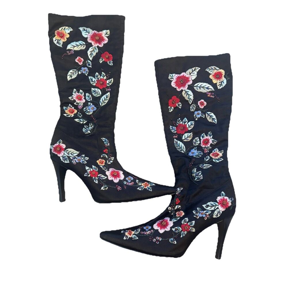Details Women's Black Satin Knee High Floral Embroidered Sequin Heel Boots Sz‎ 9